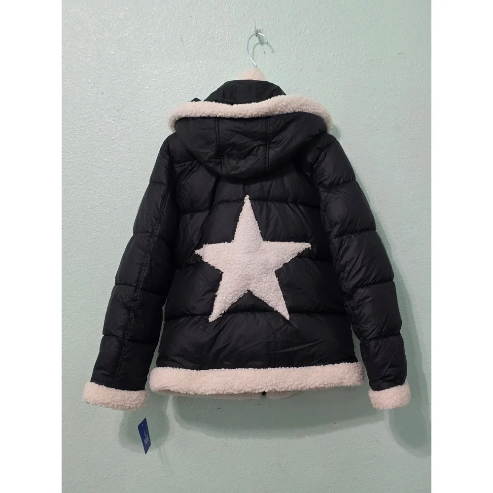 Black Sherpa Ski Snow Puffer Hood Star Whimsygoth Girls Sam Edelman Jacket L
